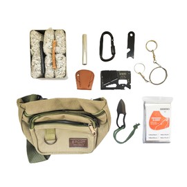 Emergency Fire Stater 6 Bags Magnesium Ferro Striker Saw Wire Multi Purpose Tool Blanket Wax Rope Camping Hiking Bushcraft + Tin Can (Mg + Ferro + Knife + Saw + Blanket + Rope + Clip + Bag)