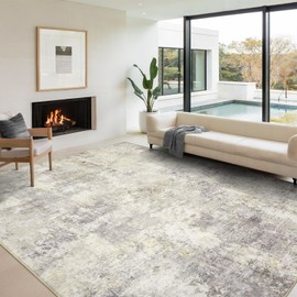 Washable Area Rugs for Living Room 9x12 - Large Neutral Modern Abstract Rug, Soft Low Pile Carpet with Non Slip Backing for Under Dining Room Table, Bedroom, Home, Office, Dorm - Brown Grey