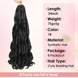 GetMaige French Curl Braiding Hair 24 Inch 75g/Pack Crochet Hair For Black Women 8 Packs Black Loose Wavy Pre Stretched Braiding Hair Synthetic Hair Extensions (24 Inch,8 Packs,1B)