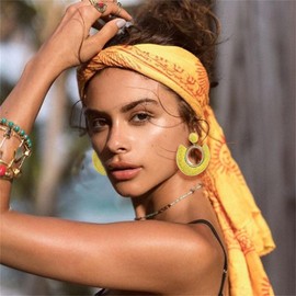 QLYOVWE Statement Raffia Earrings for Women Handmade Boho Geometric Round Sector Earrings Handmade Straw Wrap EarringsTrendy Summer Beach Vacation Rattan Earrings (Yellow)