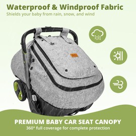 Bioby Waterproof Baby Car Seat Cover, Infant Car Seat Cover for Boy Girl, Roomy Cozy Windproof Sun Protection Baby Carseat Covers Canopy with Breathable Net and Holes, Universal Fitted Gray