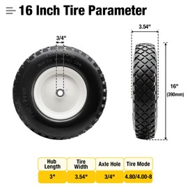 HIKYROKY 16" Flat Free PU 4.80/4.00-8" Solid Tire with 3/4" Ball Bearing and 3"-8" Center Hub, Universal Hand Truck Flat Free Trailer Wheelbarrow Tire for Hand Truck/Tool Cart/Garden Cart, 2 Pcs White