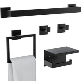 HAWKROWN 5-Pieces Bathroom Hardware Set, SUS304 Stainless Steel Wall Mounted 16 Inch Towel Bar, Toilet Paper Holder, Towel Hooks, Bathroom Towel Bar Set (Matte Black (Type 2), 5 Piece-16 inch)