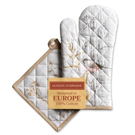 Maison d' Hermine Easter Oven Mitt & Pot Holder 100% Cotton Heat Resistant Combo for BBQ, Cooking, Chef, Wedding, Meadow Florals - Beige-Spring/Summer, Oven Mitt(19cm x 33cm) & Pot Holder(20cm x 20cm)