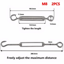 Rshuhx M8 Turnbuckle Wire Tensioner 304 Stainless Steel Adjustable Turnbuckle Hook and Eye Rope Cable Tension for Rope Tightener Garden Wire ClotheslineTensioner Heavy Duty Sun Shade Sail Fixing 2pcs