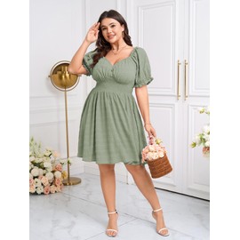 SCOMCHIC Womens Plus Size Summer Dresses Casual Sun Dress Sweetheart V Neck Puff Short Sleeve Smocked A Line Mini Dress Mint Green