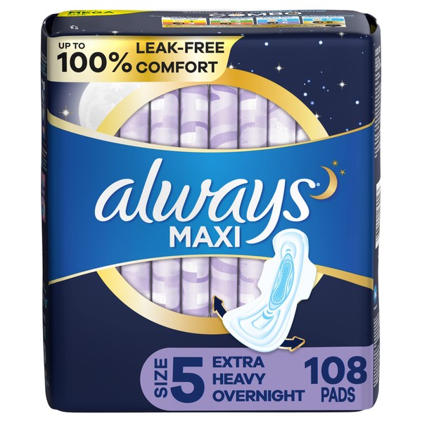 Always Maxi Feminine Pads For Women, Size 5 Extra Heavy Overnight Absorbency, Multipack, With Wings, Unscented, 36 Count x 3 Packs (108 Count total)