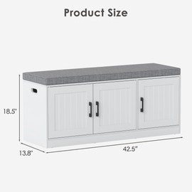 Suuiwau 3-Tier Shoe Storage Bench with Adjustable Shelf, Large Capacity Entryway Shoe Bench with Thickened Padded Seat Cushion and 3 Doors for Entry, Bedroom, Hallway (White,42.5 * 14in)