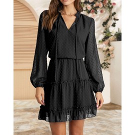 BTFBM Women Casual Summer Spring Dresses 2025 Tie Neck Long Sleeve High Waist Tiered Ruffle Aline Swing Tunic Mini Dress(Dot Black, Large)