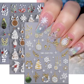3Pcs Christmas Tree Nail Art Stickers 5D Embossed Snowball Nail Decals Gold Glitter Elk Snowflake Nail Design Xmas Winter Nail Art Accessories Lantern Ball Nail Supplies for Women Girls DIY Manicure