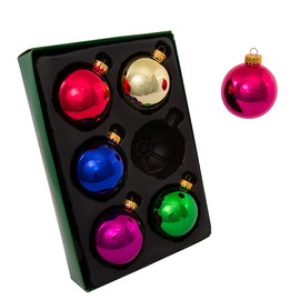 Kurt Adler Multcolor Glass Ball Christmas Ornaments 65mm (2.6 inches) Set of 6 Assorted Shiny Multi Colored Glass Ball Ornaments