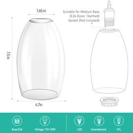 HGHYjrxfkl 1 Pack Oval Clear Glass Lamp Shade, with 1-5/8" Fitter Opening, Mini Glass Pendant light Shade,Lamp Shade Replacement for Chandelier,Floor lamps,Table Lamps,Wall Sconces.