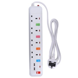 Gadpiparty Extension Lead with USB Slots1.8M Extension Cord 4 Way Sockets Outlets with 2 USB Ports Power Socket with Surge Protected Power Strips UK Multi Plug Electrical Cords, White