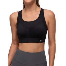 Yvette Sports Bra Strong Hold Racer Back Padded Running Fitness Bra, black, XL large sizes