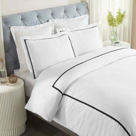 Superior Embroidered Cotton Duvet Cover Set, Soft Bedding Covers, 1 Duvet Cover with Button Closure, 2 Pillow Shams, Cotton Cross-Stitch, Riverton Collection, King/California King Size, White/Black