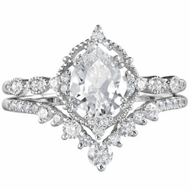 Newshe Jewellery Wedding Rings for Women Engagement Ring Sets AAAAA Cz 925 Sterling Silver 1.7Ct Pear Teardrop Size 4-13 (Pear with V Shaped Band, 10)