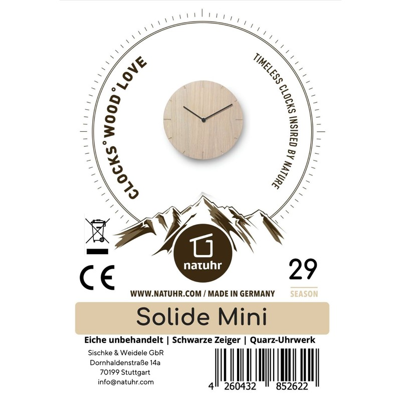 Natuhr Wall Clock Untreated Oak Wood Solid 20 cm Mini