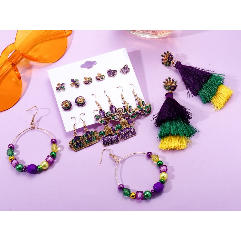 NLCAC Mardi Gras Earrings Set Fleur De Lis Mask Stud