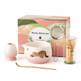 Ochcahser - Juego de matcha con patrón de gato, juego de batidor matcha incluye tazón matcha de 17 onzas con boquilla, soporte para batidores, batidor y cuchara de bambú, tamiz matcha de cerámica, kit