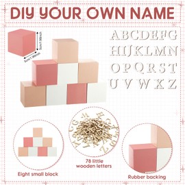 Kigley 8 Pcs Custom Wooden Name Sign 8 Letter Baby Blocks and 78 Wooden Letter Nursery Name Wooden Cubes Baby Wooden Blocks for Nursery Montessori Baby Shower Name Alphabet Wood Signs (Pink)