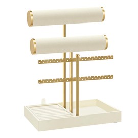 SONGMICS Porta Bracciali, Espositore per Gioielli, Portagioie con 2 Supporti per Braccialetti, Porta Orecchini, Vassoio in Velluto, Porta Anelli Rimovibile, Bianco Crema e Oro Pallido JJS046W101