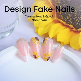 Press on Nails Almond Medium Length Glossy Full Cover Acrylic White French False Nails with Sunflower Designs Artificial Almond Fake Nails with Charms Glue on Fingernails for Women Girls