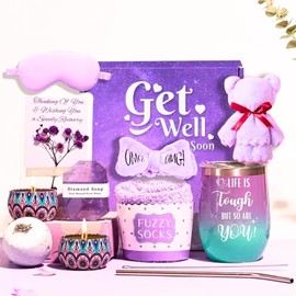 Lavender Get Well Soon Gift Baskets for Women 13pcs Self Care Package for Sick Friend Mom Sister, Get Well Gifts for Women after Surgery Speedy Recovery Feel Better Thinking of You Gift w/Dried flower