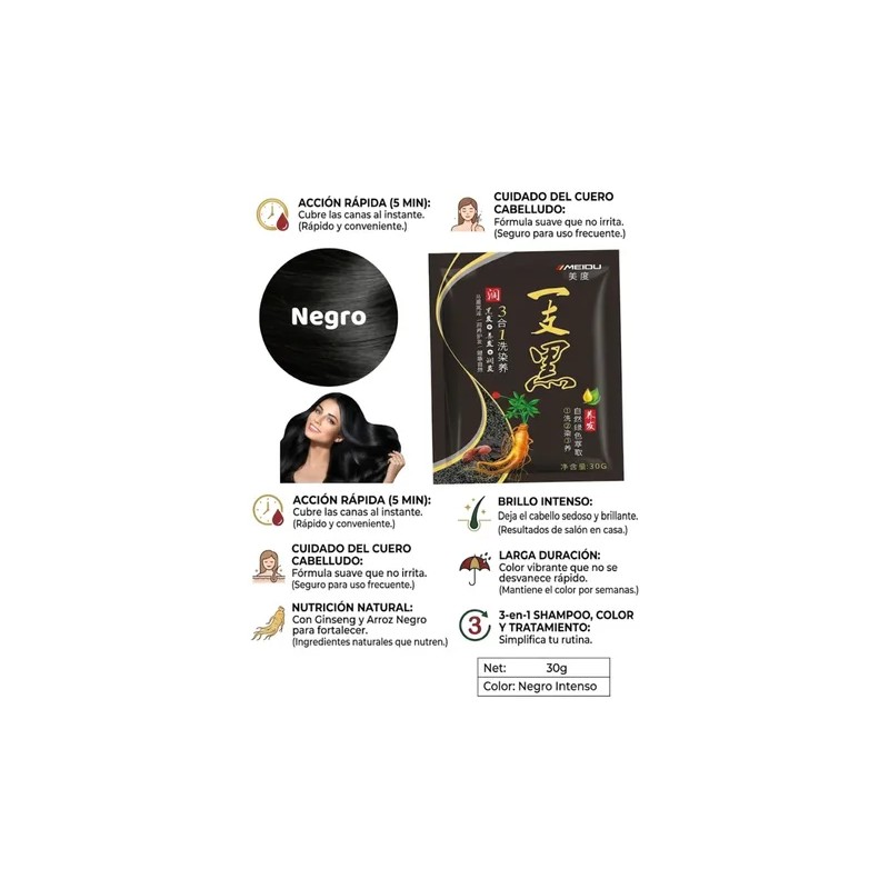 Shampoo Tinte Negro Instantáneo Jengibre Negro 10 Sobres