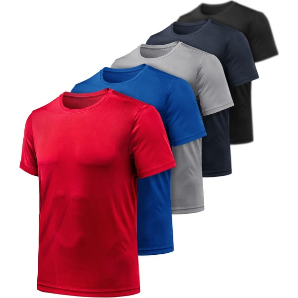 ATHLIO Men's Workout Running Shirts, Sun Protection Quick Dry Athletic Shirts, Short Sleeve Gym T-Shirts, Vent Cool 5pack Black/Navy/Light Grey/Blue/Red, Medium