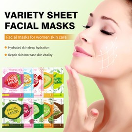 GUOYAOLIFU 30 Pack Sheets Face Masks Skincare, Facial Masks for Women, Sheet Face Masks with Natural Ingredients, Rice Green Tea Avocado Honey Strawberry Fruit Facial Mask Gifts Set for Face Spa