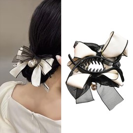 Bow Pearl Hair Clips for Women Girls Bow Claw Clip White Ribbon Bowknot Hair Clip Barrettes for Thick Thin Hair Decorations for Women Girls