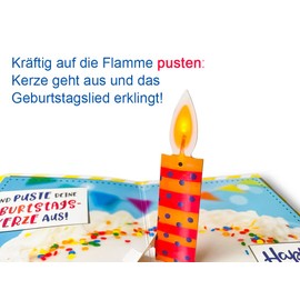 bentino Geburtstagskarte mit MUSIK und LEUCHTENDER PopUp Kerze zum AUSPUSTEN. Spielt den Song Celebration (Coverversion), DIN A5 Set mit Umschlag