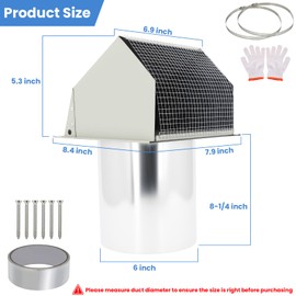 Upgraded 6 Inch Hooded Wall Vent, Outdoor Wall Exhaust Vent Cover Wall Cap with Screen & Damper for Exterior Kitchen Range Hood, Ventilation Dryer, HVAC Duct Air Exhaust, Galvanized Steel, White