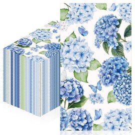 100 Pcs Hydrangea Floral Napkins, Happy Spring Disposable Paper Napkins, Hand Towel for Spring Party Decorations, Blue Flower Design Table Decor