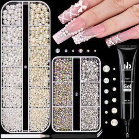 2 Boxes Flatback Pearls (White+Beige) And Glass Rhinestones (Clear+AB) With Rhinestones Glue Gel For Nail Art, Pearl Nail Charms And Crystals Gems Nail Accessories For Acrylic Nail Tips Manicure Decor