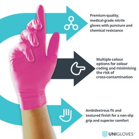 UNIGLOVES Magenta Pearl Nitrile Examination Gloves - Multipurpose, Powder Free and Latex Free Disposable Gloves - Box of 100 Gloves, Magenta, Extra Large (GP8505)