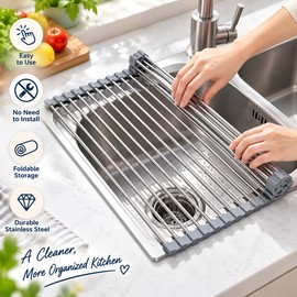 Roll-Up Stainless Steel Sink Drying Rack for Kitchen Counter Space – Foldable Over-Sink Dish Drainer for Dishes & Produce