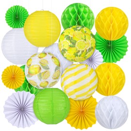 Retisee 18 Pcs Lemon Party Decorations Kit Yellow Paper Lanterns Summer Hanging Decoration Paper Fans Hanging Honeycomb Ball for Summer Theme Lemon Party Supplies Wedding Baby Shower Decor
