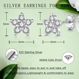 Loutade 925 Sterling Silver Stud Earrings for Women Girls, Dainty 5mm Flower Cubic Zircon Silver Studs Earrings, Minimalist Small Cartilage Sleeper Stud Earrings Tragus Piercing Earrings for Her