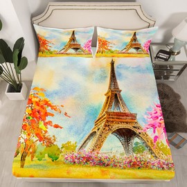 Eiffel Tower Bed Sheets Twin Size Retro Paris Decor Bedding Set For Kids Girls Women Valentine'S Day Gift Cherry Blossoms Floral Fitted Sheet Watercolor Paris Theme Flat Sheet Bedroom Home Decor 3Pcs