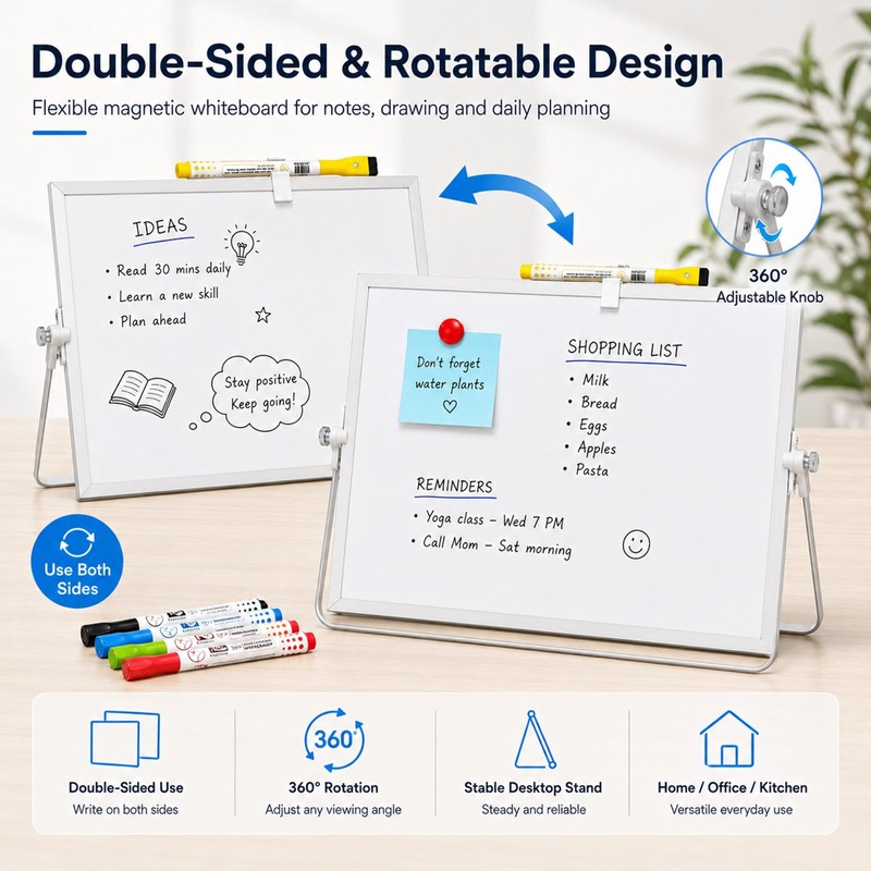 Foldable Desktop Magnetic Whiteboard 20x30 cm, Double Sided Dry Erase