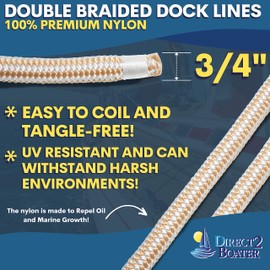 3/4" x 30' - Gold/White Durable Double Braided Nylon Dock Line - for Boats Up to 55' - Long Lasting Mooring Line - Strong Nylon Dock Lines for Boats - Marine Grade Sailboat Docking Line
