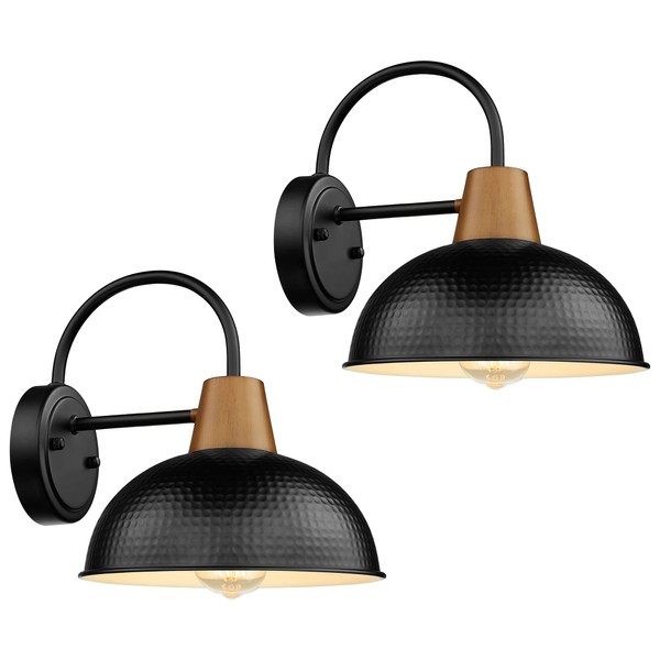 Outdoor Wall Sconces Set of Two, HWH Gooseneck Barn Light Modern Porch Lights Outdoor Wall, Exterior Wall Sconces with Hammered Metal Shade, Black Finish, 5HZG70B-2 BK