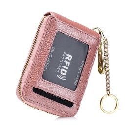 boshiho Leather Credit Card Case, RFID Credit Card Holder, Blocker Protective Card, Protection Zip, 14 Compartments, Card Case, Organ Style, Portable Business Card Case for Men and Women, pink, M