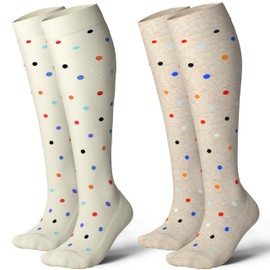 LEVSOX Cotton Compression Socks for Women&Men 20-30 mmHg Knee High Cute Fun Crazy Support Sock for Nurses, Travel and Flight, Pregnancy, 2 Pairs, Polkadots