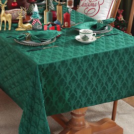 SASTYBALE Christmas Tablecloth Rectangle, Winter Jacquard Table Cloths with Deer Antler, Spillproof Washable Damask Fabric Table Cover for Xmas New Year Holiday Decor (60" x 84" (6-8 Seats), Green)