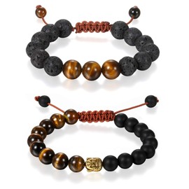 Cupimatch Set of 2 Pairs Bracelets Set for Him and Her Skull Crown Beads Couple Bracelet Black Agate Stone with Zirconia Friendship Bracelet Bangle for Men and Women, Stone