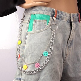 Wekicici Rainbow Jeans Chain Bear Chain Punk Pants Chain Hip Hop Rock Chains Charm Multi Layer Wallet Key Chain for Women Trousers Accessories (face, silver)