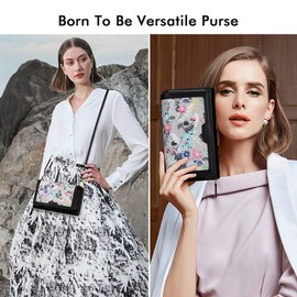 Women Crossbody Wallet Purse, RFID Card Holder Wristlet Clutch 2 Straps, C-black With Grey Flora, Small