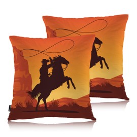 Swono Cowboy Throw Pillow Case, Wild Western Cowboy Horse Lassoing Sunset Square Home Decorative Cushion Cover for 18 X 18 Inches Pillow Covers, 2 Pack Pillowcases for Bedroom Office Dorm Couch